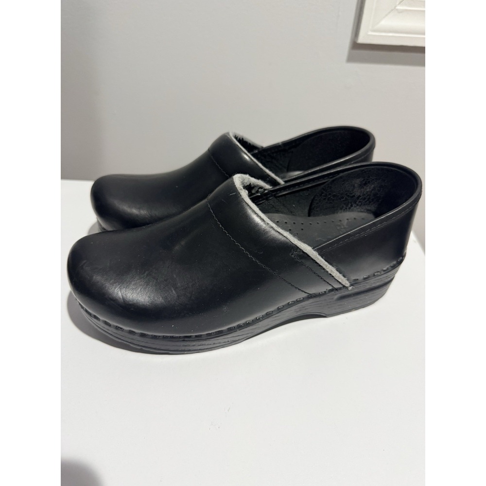 Womens 7.5 8 38 Dansko Black Cabrio Leather Professional Stapled Clog Work Shoes